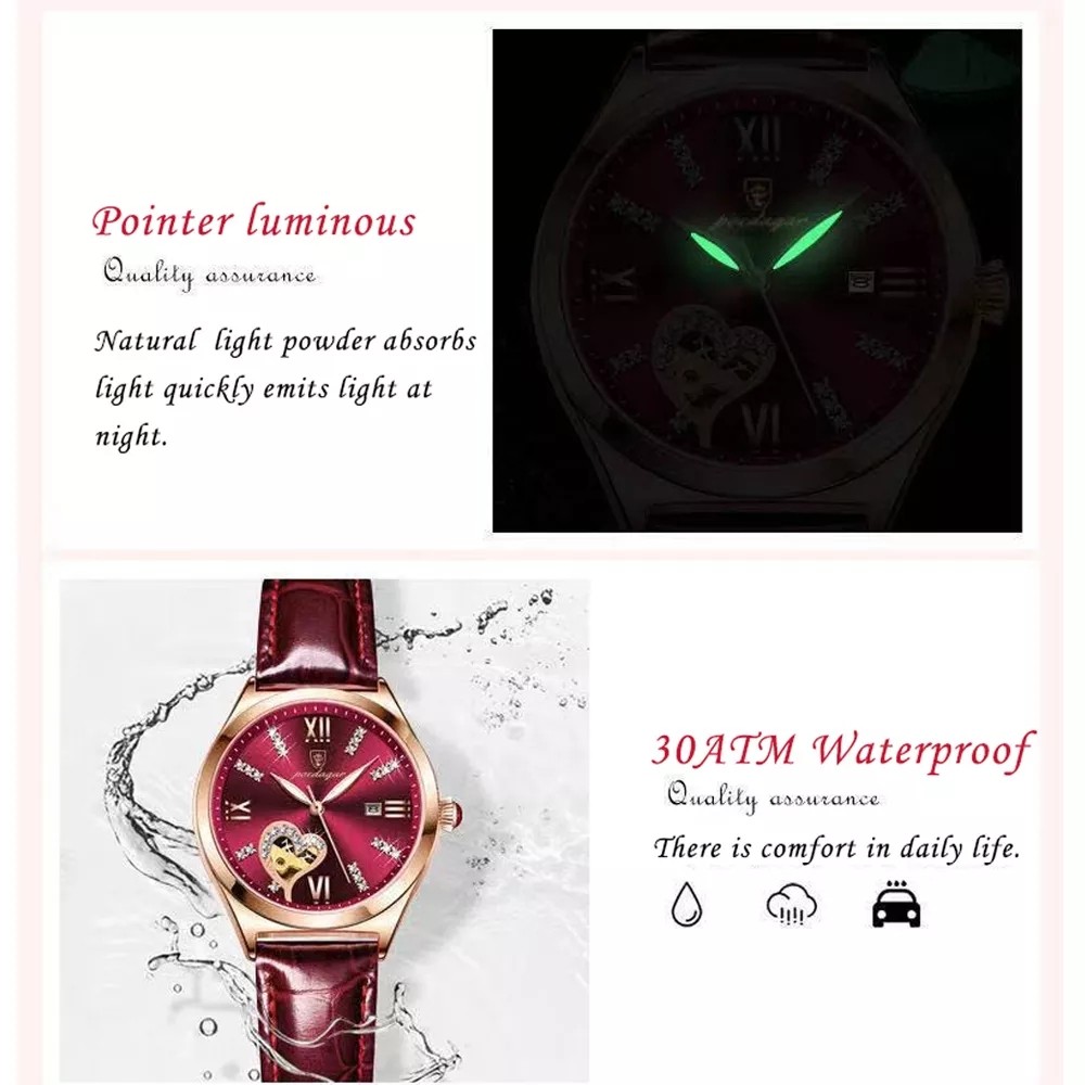 POEDAGAR 2022 Women Watches Fashion Leather Romance Red Dial Luxury Ladies Watch Waterproof Quartz Date Swiss Brand Wristwatch