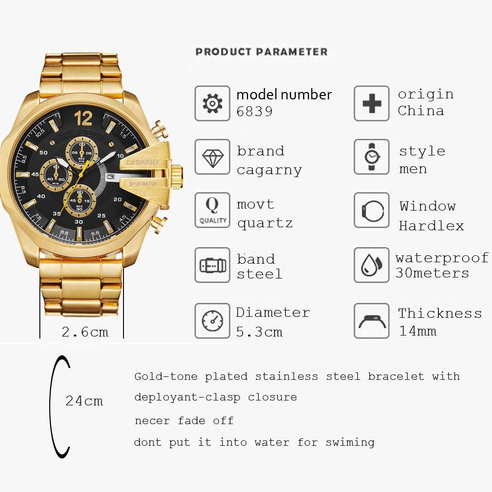 Men's Watches Luxury Brand Gold Steel Quartz Watch Men Cagarny Casual Men's Wrist Watch Military Relogio Masculino Dropship