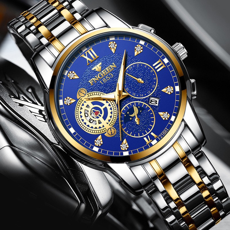FNGEEN Fashion Luxury Men's Watches Stainless Steel Quartz Wristwatch Calendar Luminous Watch Men Business Casual Watch for Men