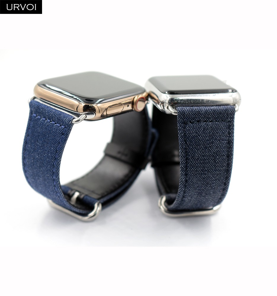 URVOI Band for Apple Watch Series 7 6 SE 5 4 3 2 1 Strap for iwatch Blue Denim Jeans Leather Back Band Classic Buckle 41 45mm