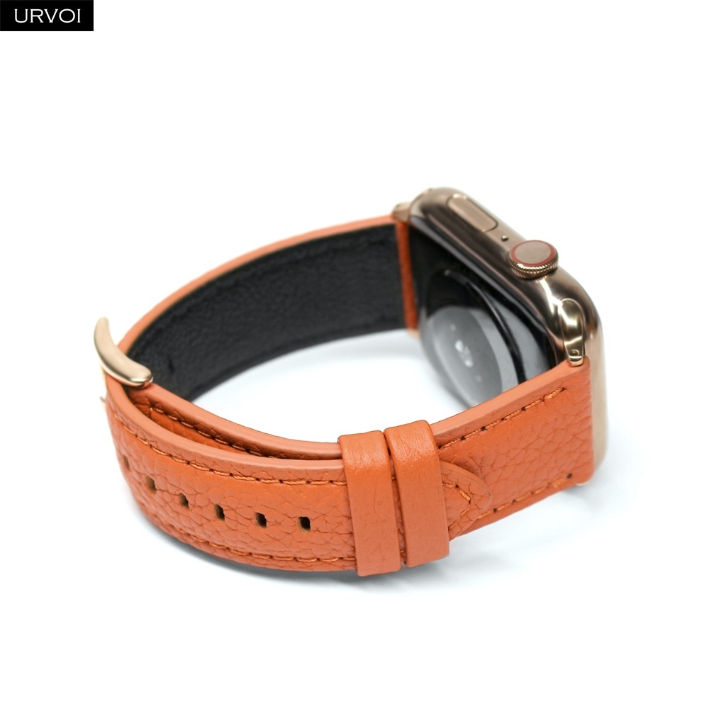 URVOI Band for Apple Watch Series 7 6 SE 5 4 321 Genuine Litchi Grain Leather Strap for iWatch Pin Buckle Black Rose Gold Buckle