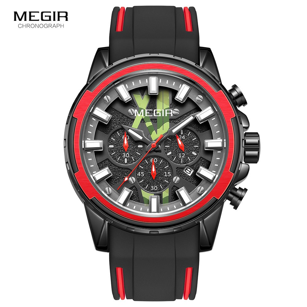 MEGIR Quartz Watches Men Silicone Strap Chronograph Analog Wristwatch Luminous Hands Auto Date Waterproof Military Sport Watch