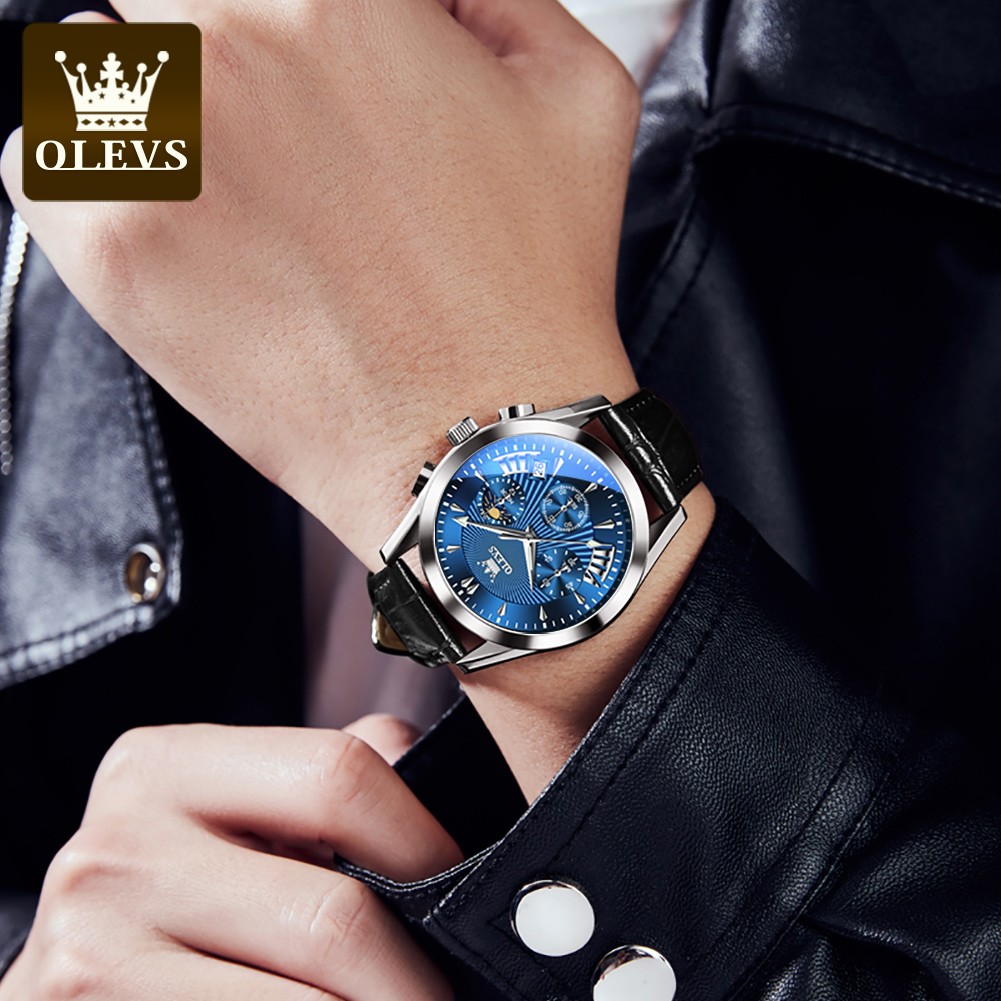 OLEVS Luxury Watch Men's Multifunctional Quartz Watch Business Style Leather Strap Waterproof Mens Calendar Chronograph Watch