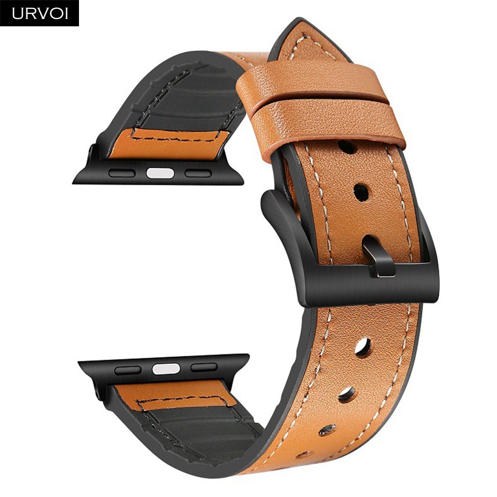 URVOI Strap for Apple Watch Series 7 6 SE 5 4 3 2 1 Leather Strap Silicone Back for iwatch Strap Breathable 41 45mm Buckle Black