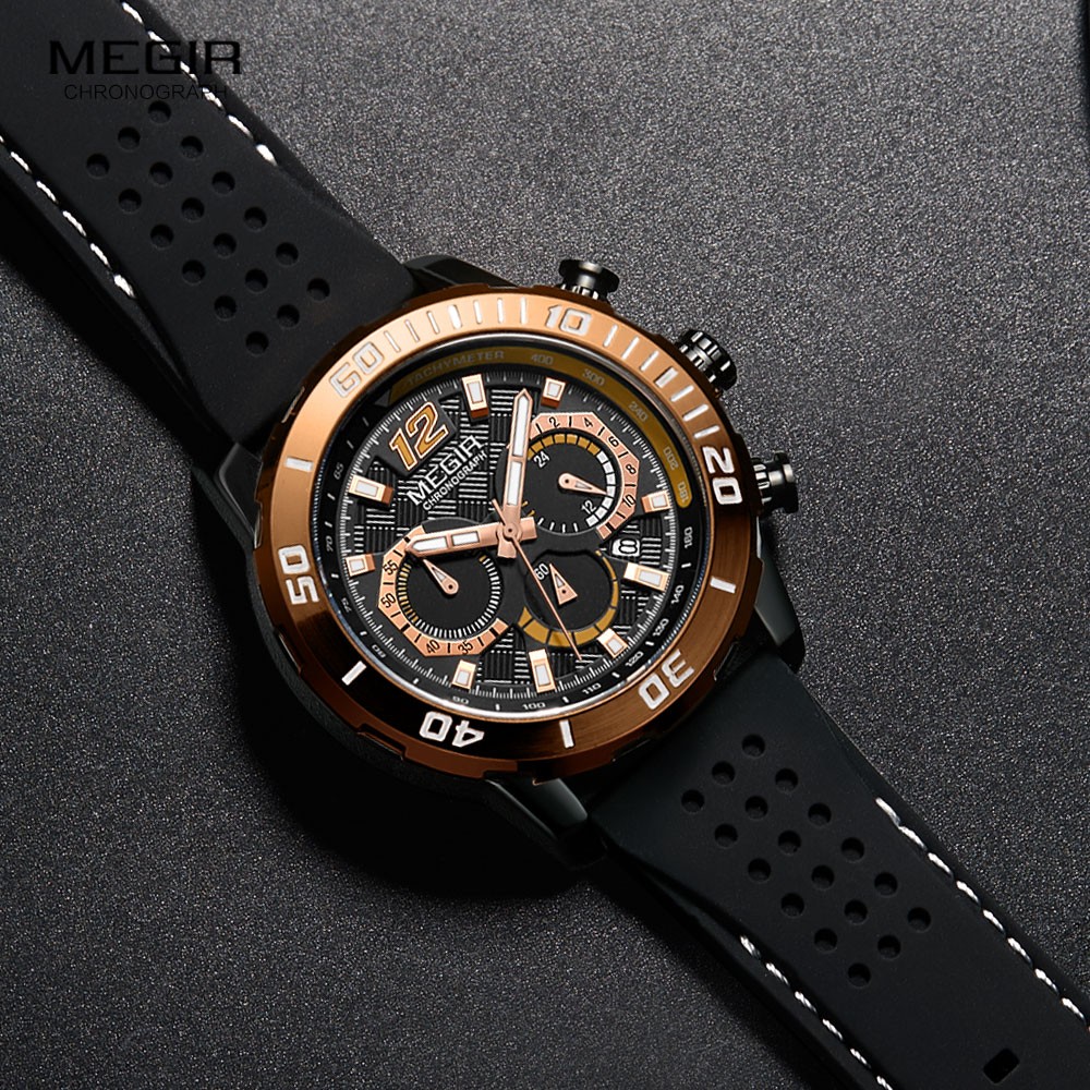 MEGIR Silicone Strap Milliari Sport Watches Men Waterproof Luminous Chronograph Quartz Watch Man Brown Reloj Relogio Watches