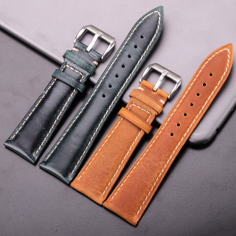 Oil Wax Genuine Leather Watchband Women Men Cowhide Watch Strap Band 18mm 20mm 22mm 24mm Watch Watch Bracelet Metal Clasp