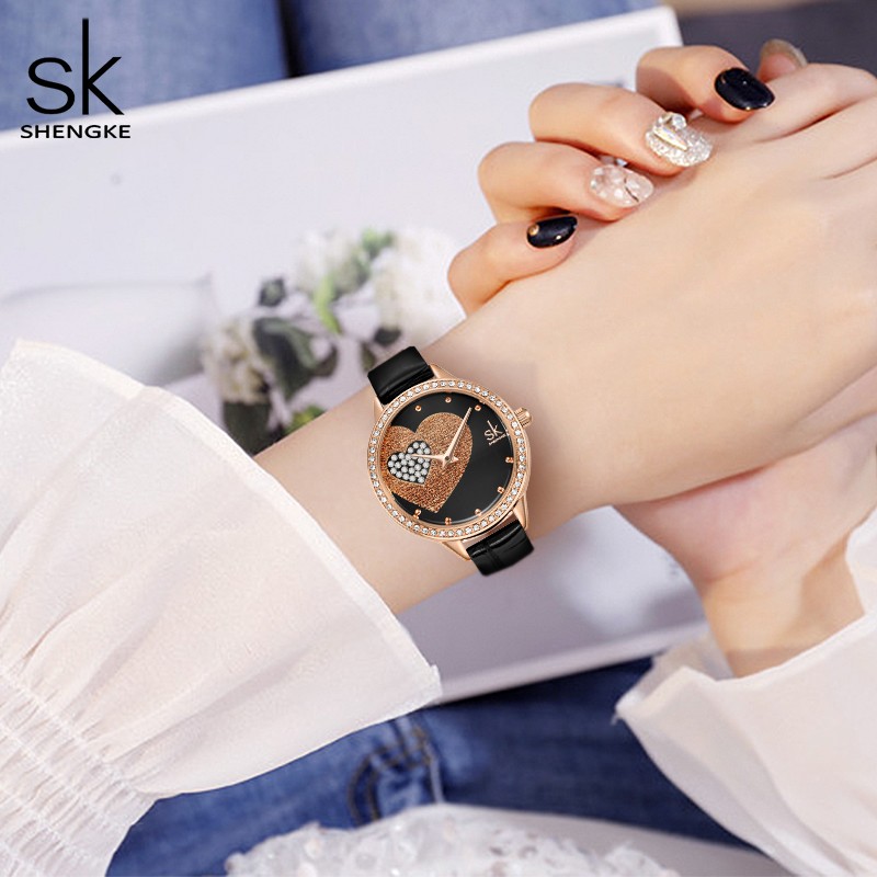 Quartz Watch for Women Luxury Fashion Leather Wristwatch Female Anniversary Gift Office Casual Shopping Rhinestone Heart Clock
