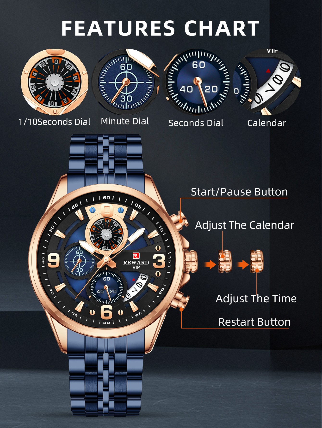 REWARD 2022 New Reward Men's Quartz Watches Multifunction Sports Wristwatch Chronograph Stainless Steel Luminous Watch Male Gift