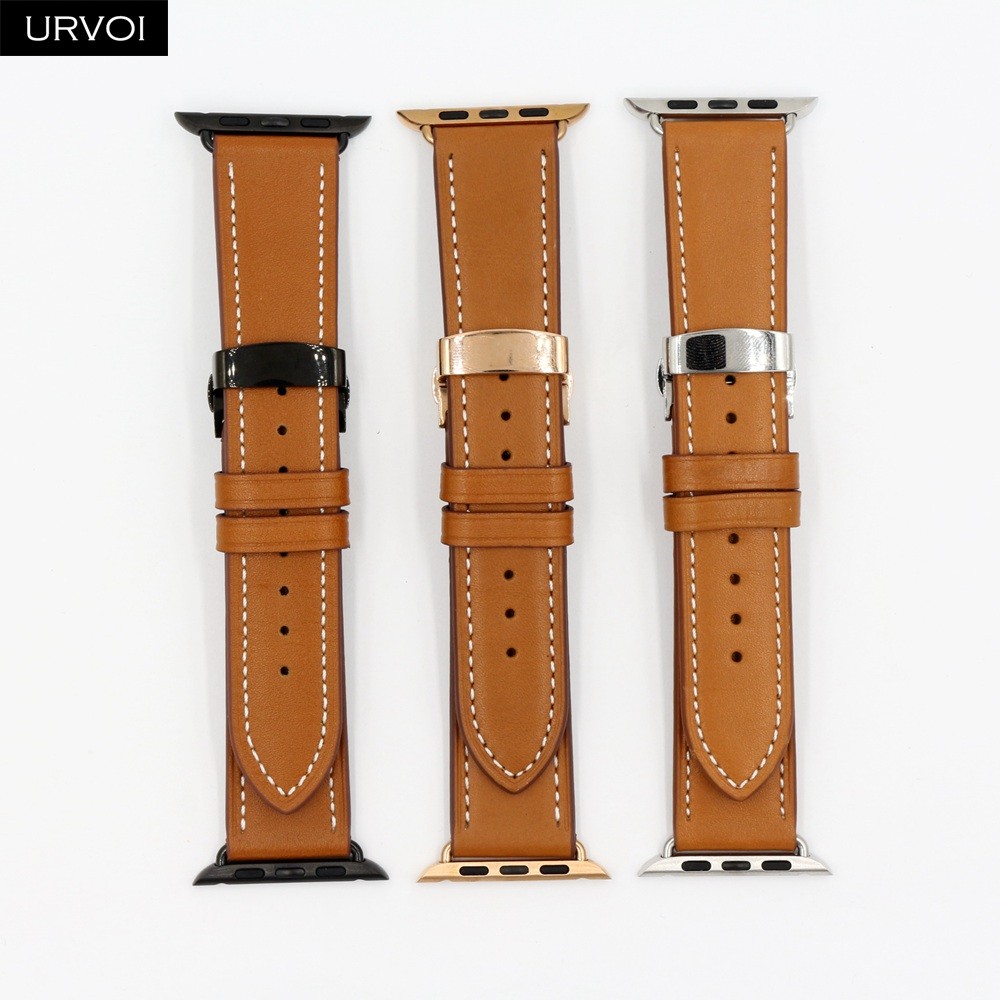 URVOI Deploy Buckle Band for Apple Watch 7 6 SE 5 4 3 Leather Strap for iwatch 41mm 45mm Single Round Design Butterfly Buckle