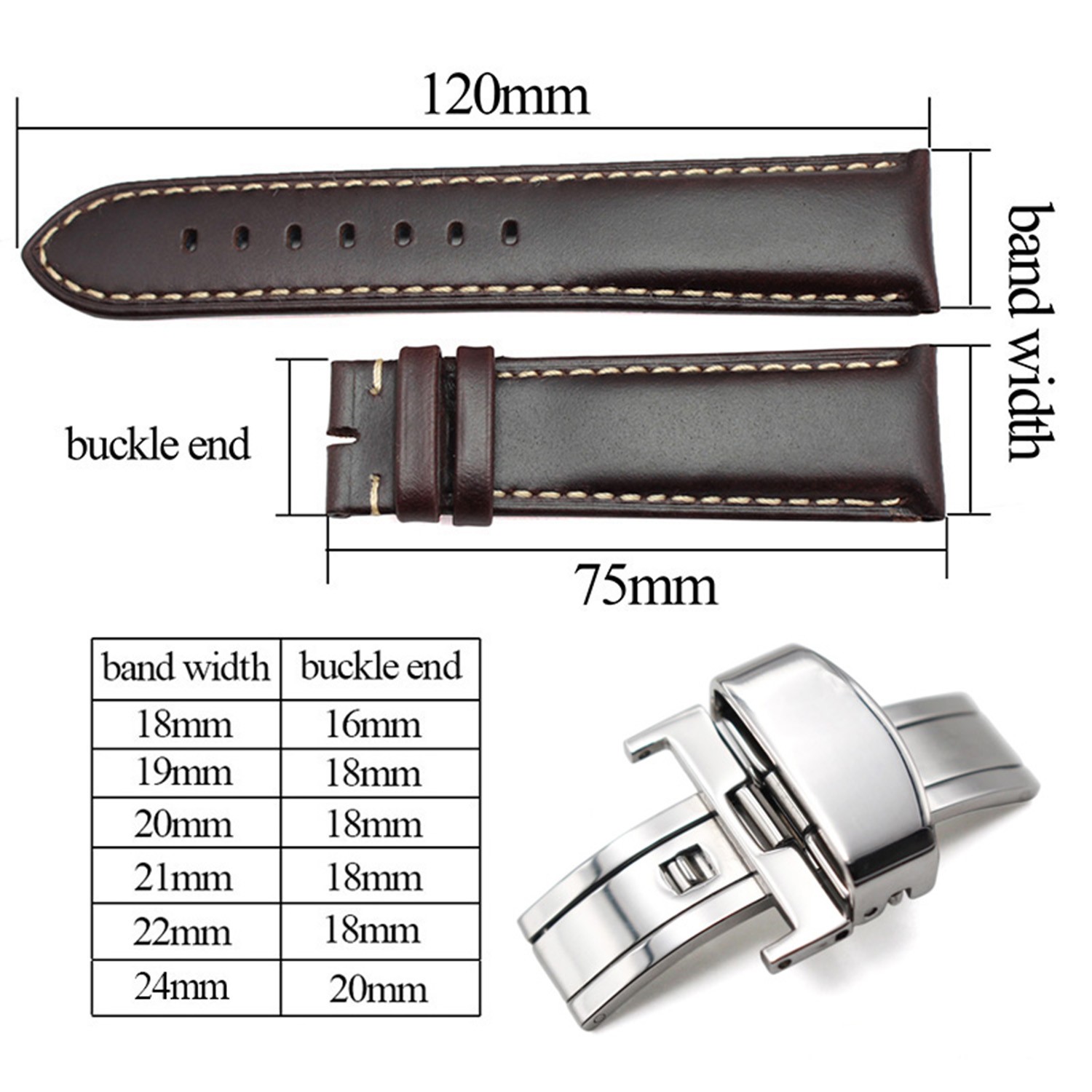 Soft Antique Watch Strap for Men and Women, Dark Brown, Genuine Leather, Metal, Butterfly Deployment Buckle, 18-24mm