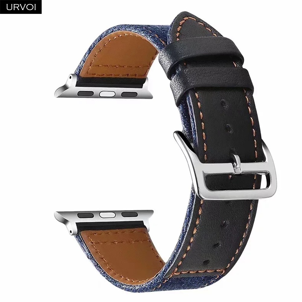 URVOI Canvas Band for Apple Watch Series 7 6 SE 5 4 3 2 1 Strap for iwatch 41 45mm Jeans with Leather Back Wrist Band 38 42mm