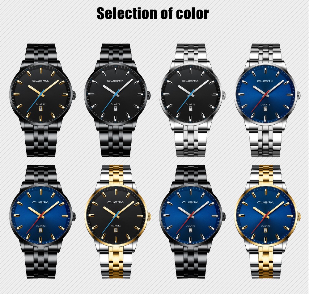 CUENA Men's Watch Fashion Luxury Business Wristwatches Calendar Stainless Steel Quartz Waterproof Sports Watch