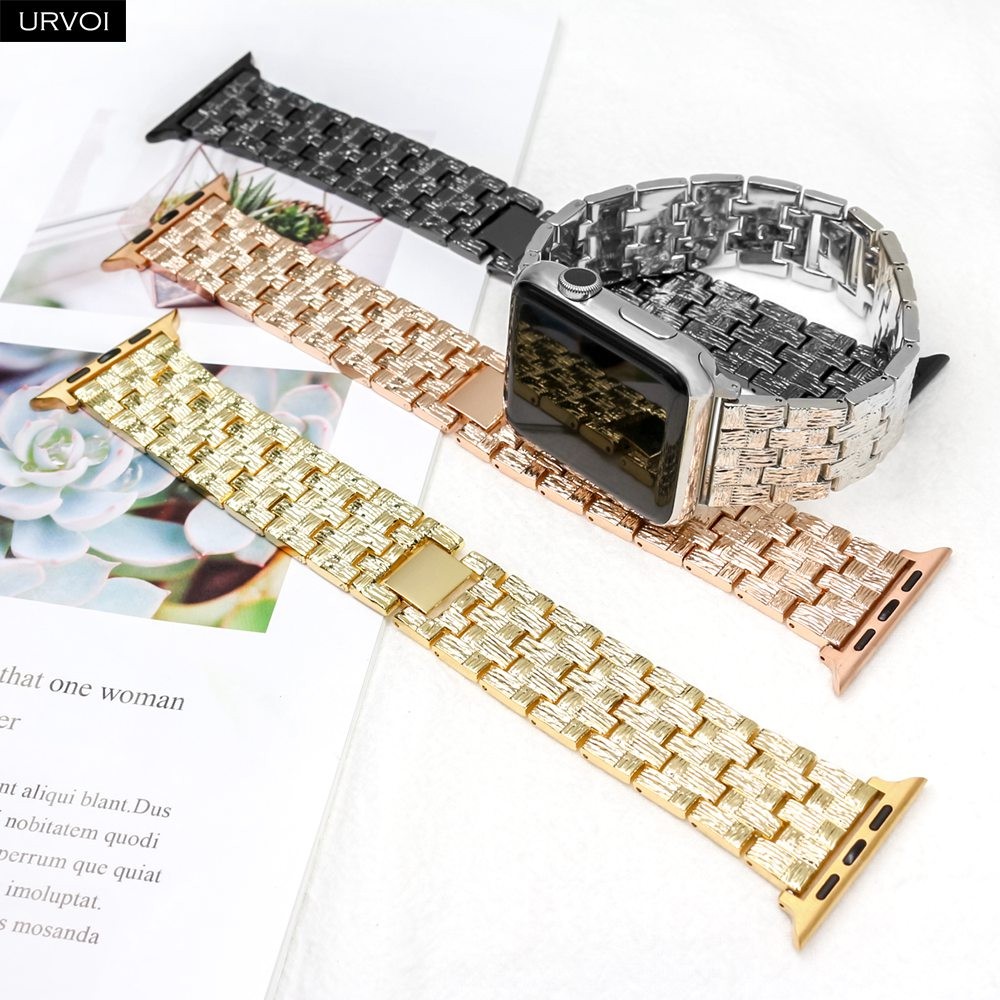 URVOI Strap for Apple Watch Series 7 6 SE 5 4 321 Stainless Steel Strap for iWatch VC Series Woven Pattern Bracelet Shiny Metal Band