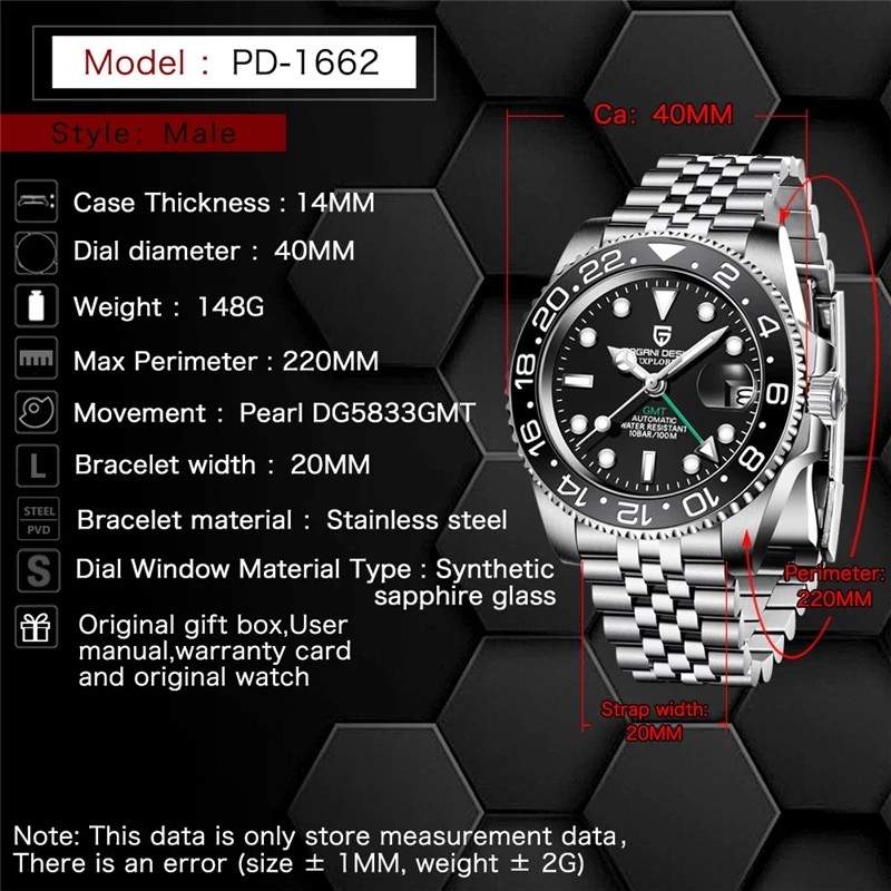 PAGANI design GMT 40mm mechanical watches top brand sapphire glass stainless steel sport waterproof automatic watch for men