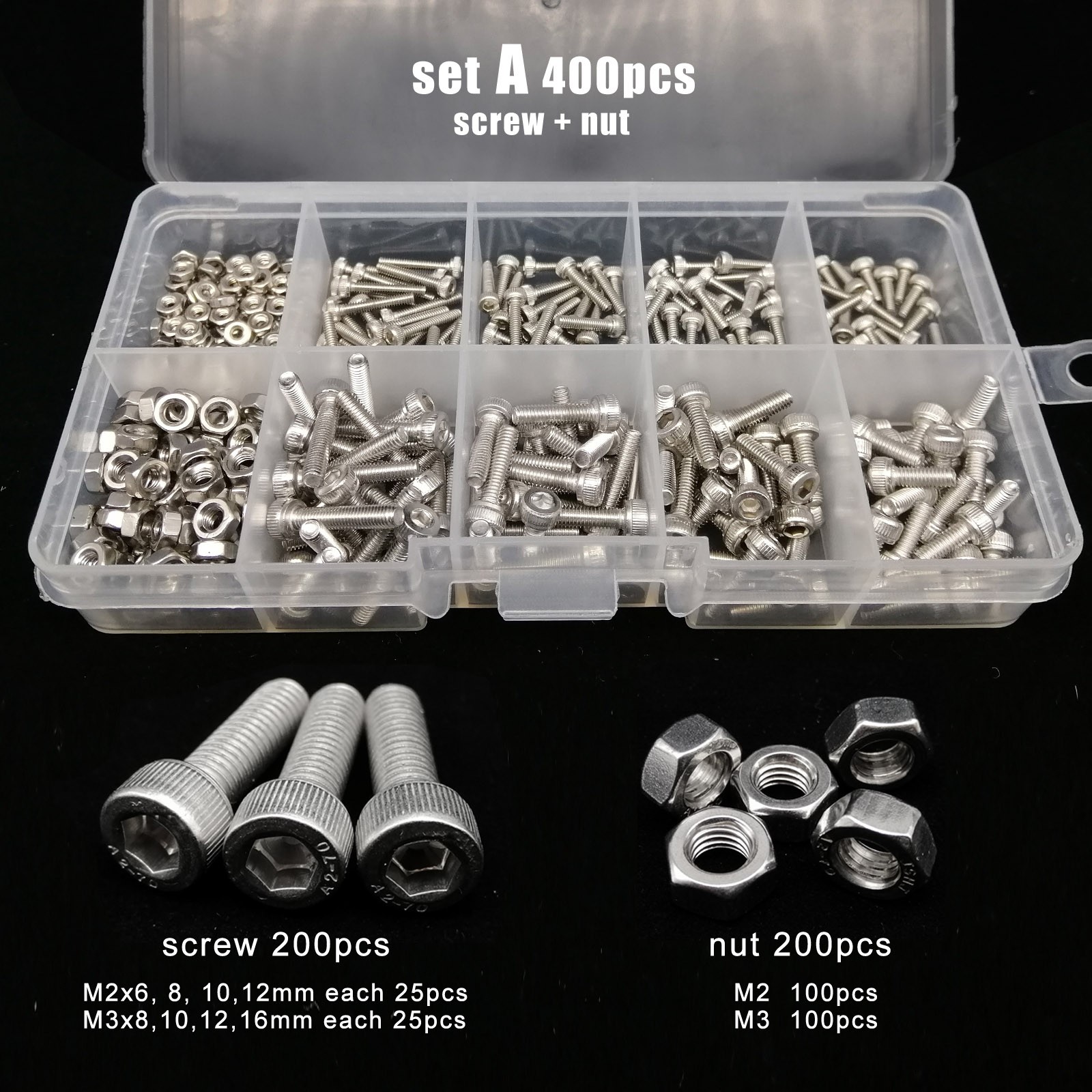 Total 400/650/1140/2100X M1.6 M2 M2.5 M3 M4 M5 304 Stainless Steel Hex Handle Hex Socket Cap Head Screw Bolt Nut Set Assortment Kit