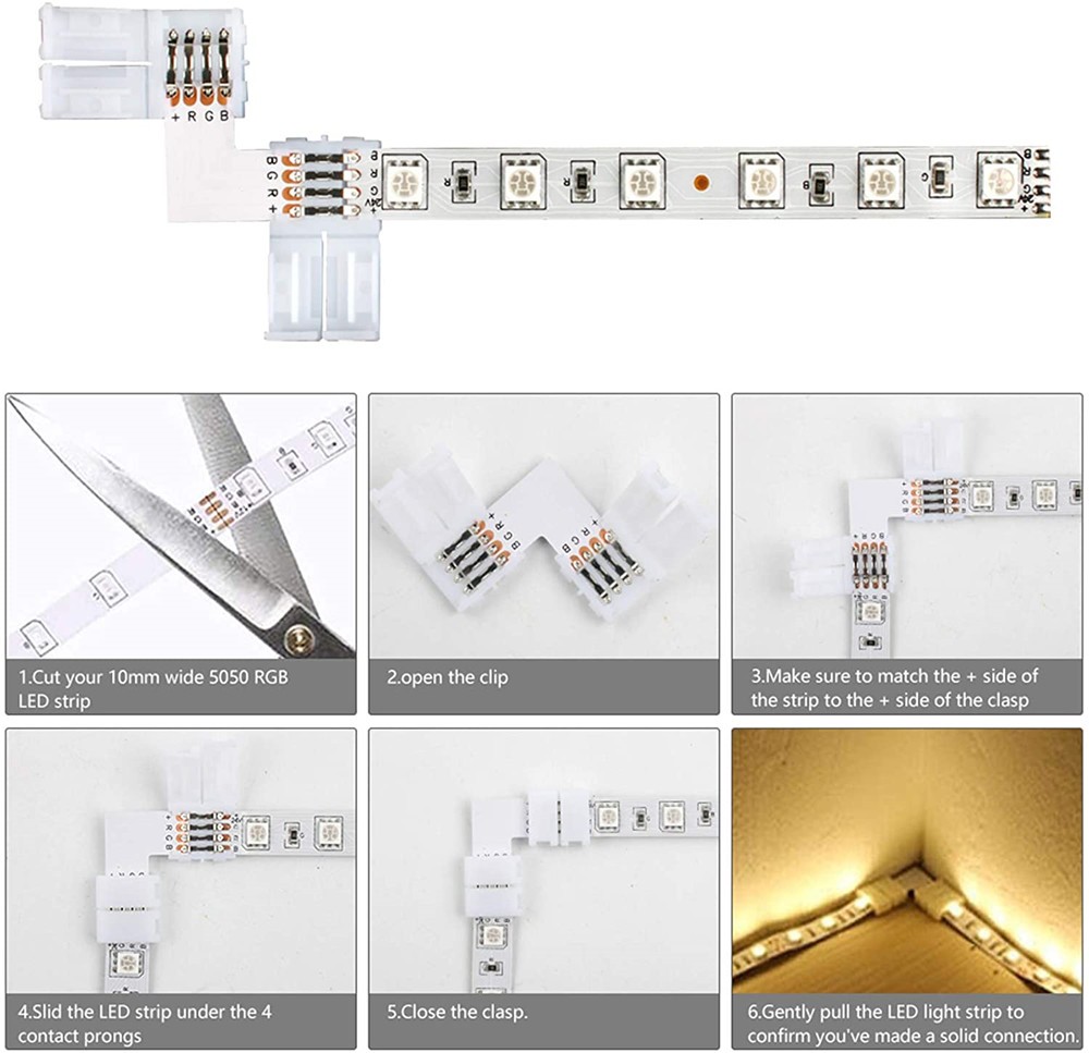 4 Pin 10mm L Shape Led Connector RGB LED Light Strip Connectors 90 Degree Corner Connectors for SMD 3528 5050 2835 Light Bar