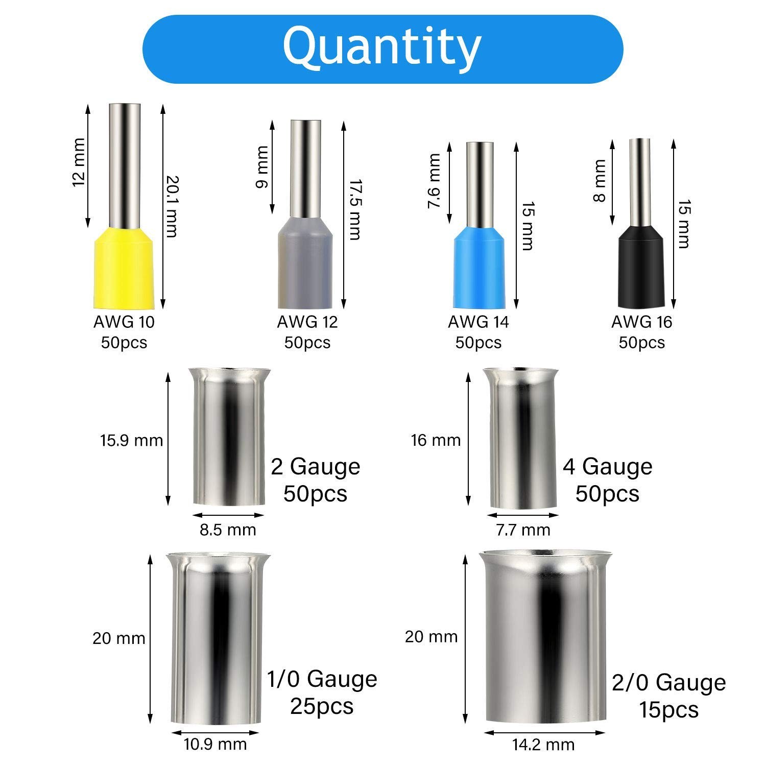 Wire Crimp Terminals, 1900/1200/440pcs, Terminal Ring Set, AWG Connector Sleeves (2/0 1/0 2 4 10 12 14 16)