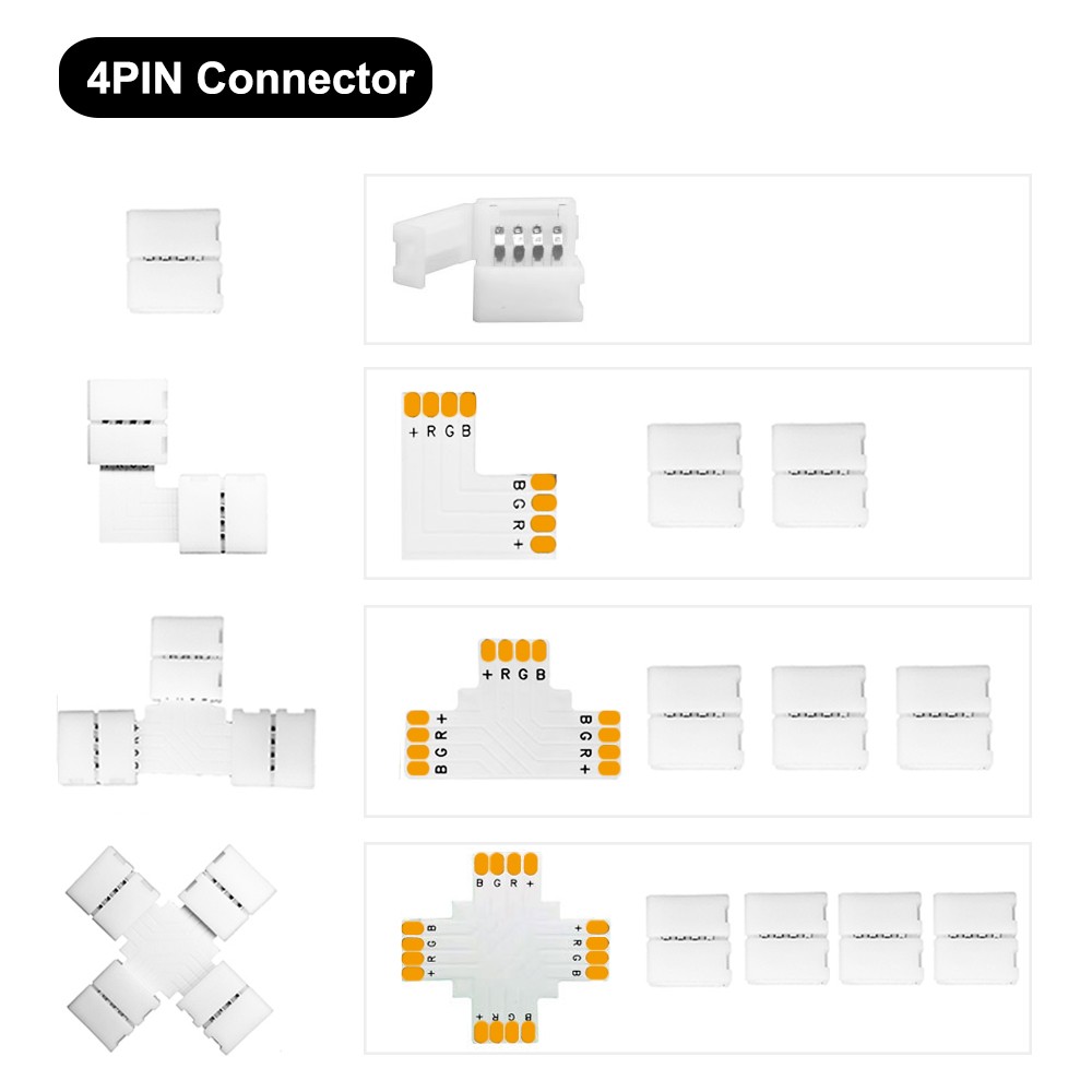 Solderless Connector for WS2812 WS2811 5050 RGB, 10mm, 2/3/4/5 Pin, T L/X Corner Connector, No Solder, LED Strip