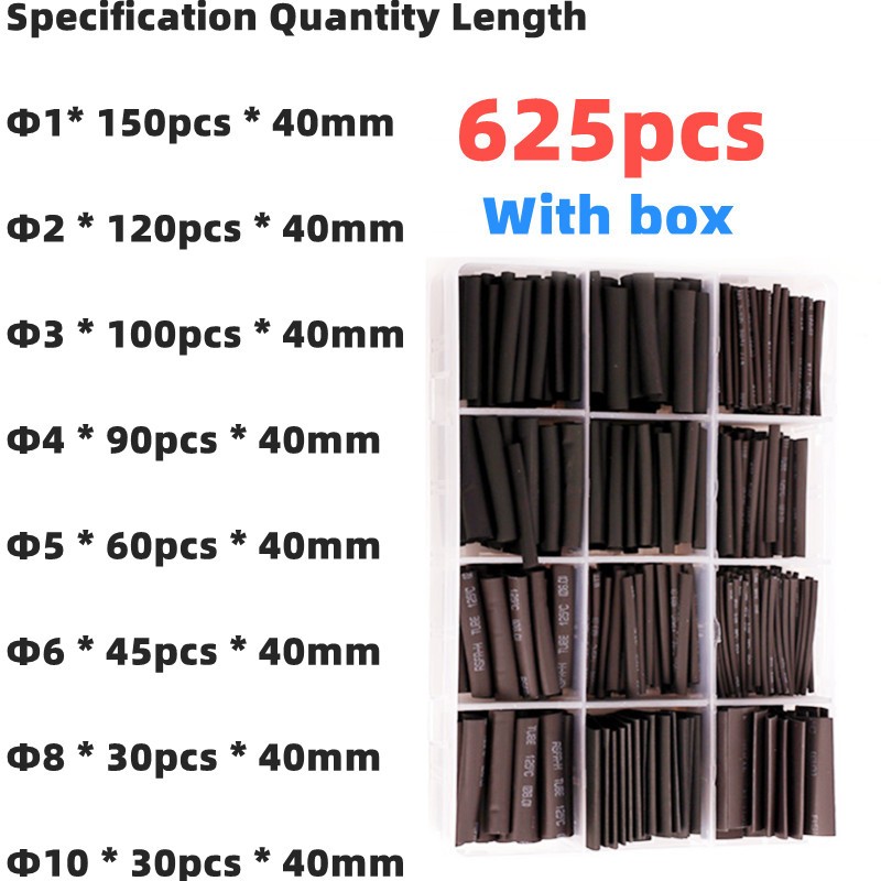 625pcs Black Boxed Heat Shrinkable 2:1 Electronic Connection Kit Insulated Polyolefin Sheathed Shrink Cables And Tube Cables