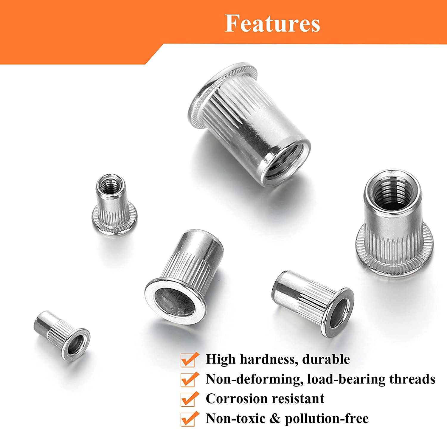 210pcs Stainless Steel Rivet Nut Set ,304 Flat Head Steel Rivet Nut Threaded Rivet Nut Insert Assorted Set