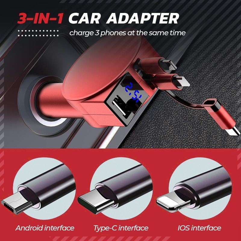 3 in 1 Retractable Fast Charging Car Adapter Car Charger QC4.0 PD Quick Charge for iPhone, Android, and Type C phones drop shippi