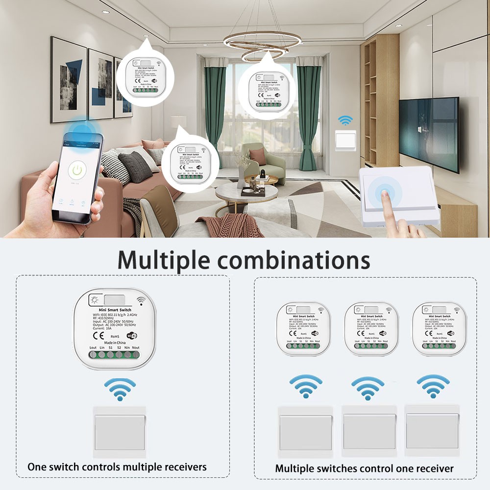 Tuya Smart WiFi and Rf Light Switch 433MHz Kinetic Wall Switch No Battery Needed Wireless Remote Control Timing 220V 16A for Alexa