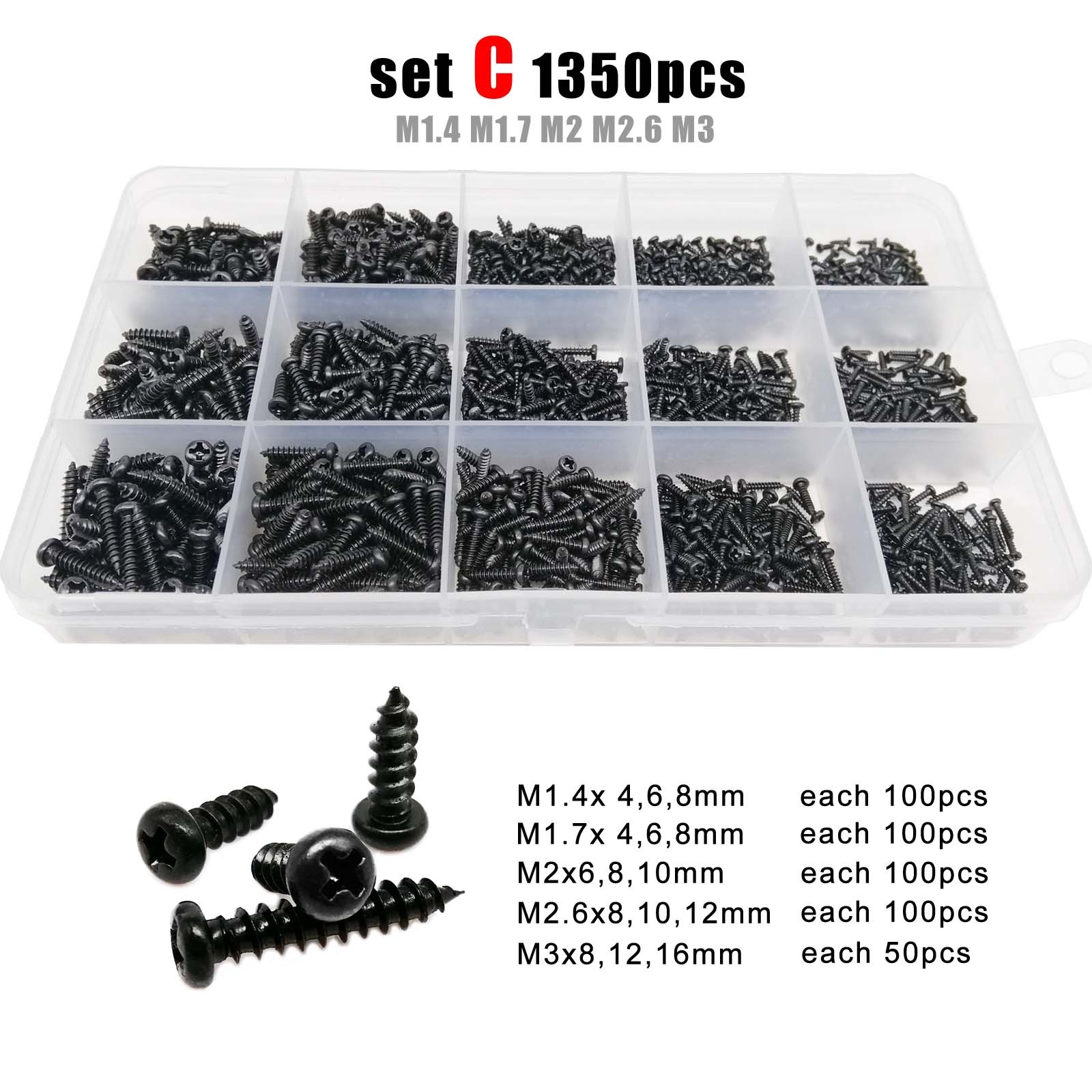 Round Head Wood Screws Set 700 or 2010pcs M1 M1.2 M1.4 M1.7 M2 M3 M4 Black Steel Small Cross