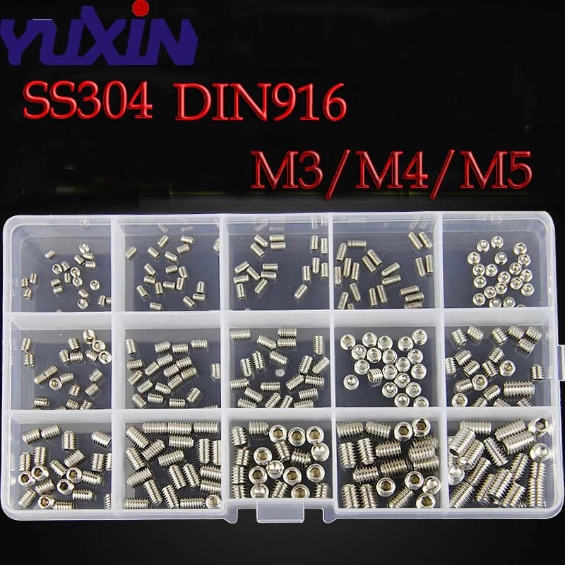 300pcs DIN916 M3 M4 M5 12.9 Grade Black Socket Screw Assortment Allen Head Socket Hex Set Grub Screw Box Kit