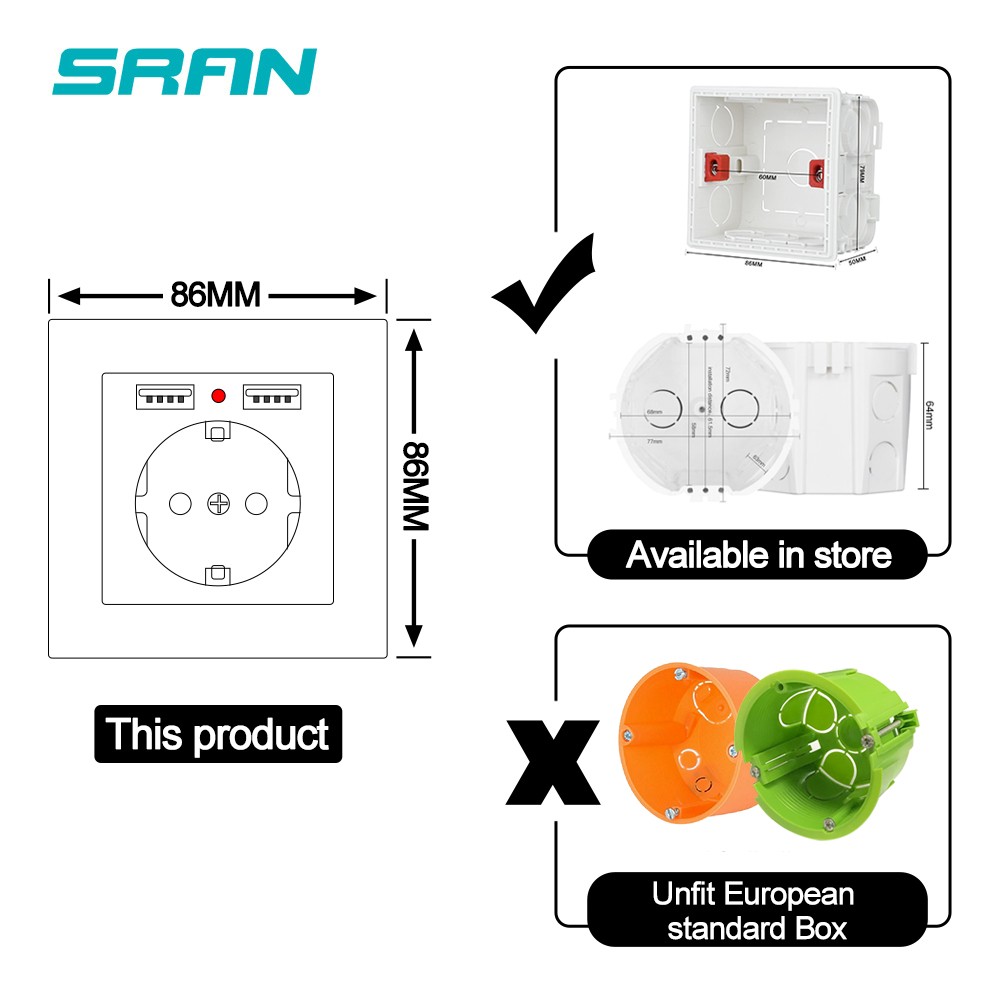 EU Power Socket,Socket With Usb Charging Port 2.1A 16A Sliver Computer Board 86mm*86mm Russia Spain SRAN Wall Socket