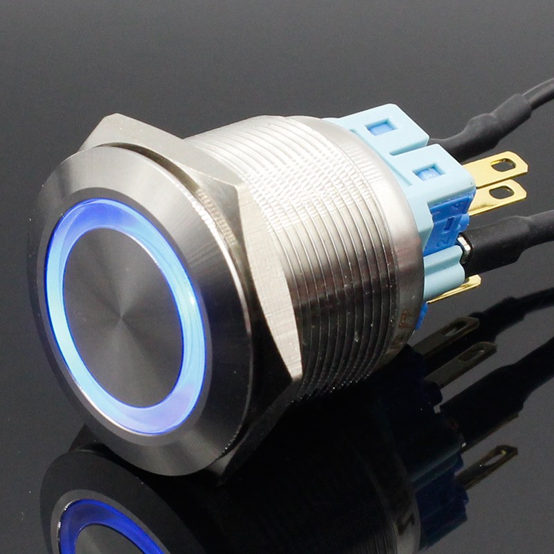 25mm 6V 12V 24V 220V Blue Ring LED Light Momentary/Lock Push Button Switch DPST Metal Industrial Boat Car DIY Switch