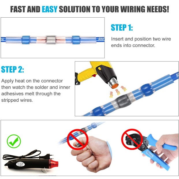 300pcs Electric Heat Shrink Butt Terminals Crimp Terminals Seal Welding Kit Waterproof Wire Twisting Cabling Connector With 300W Hot Air Gun