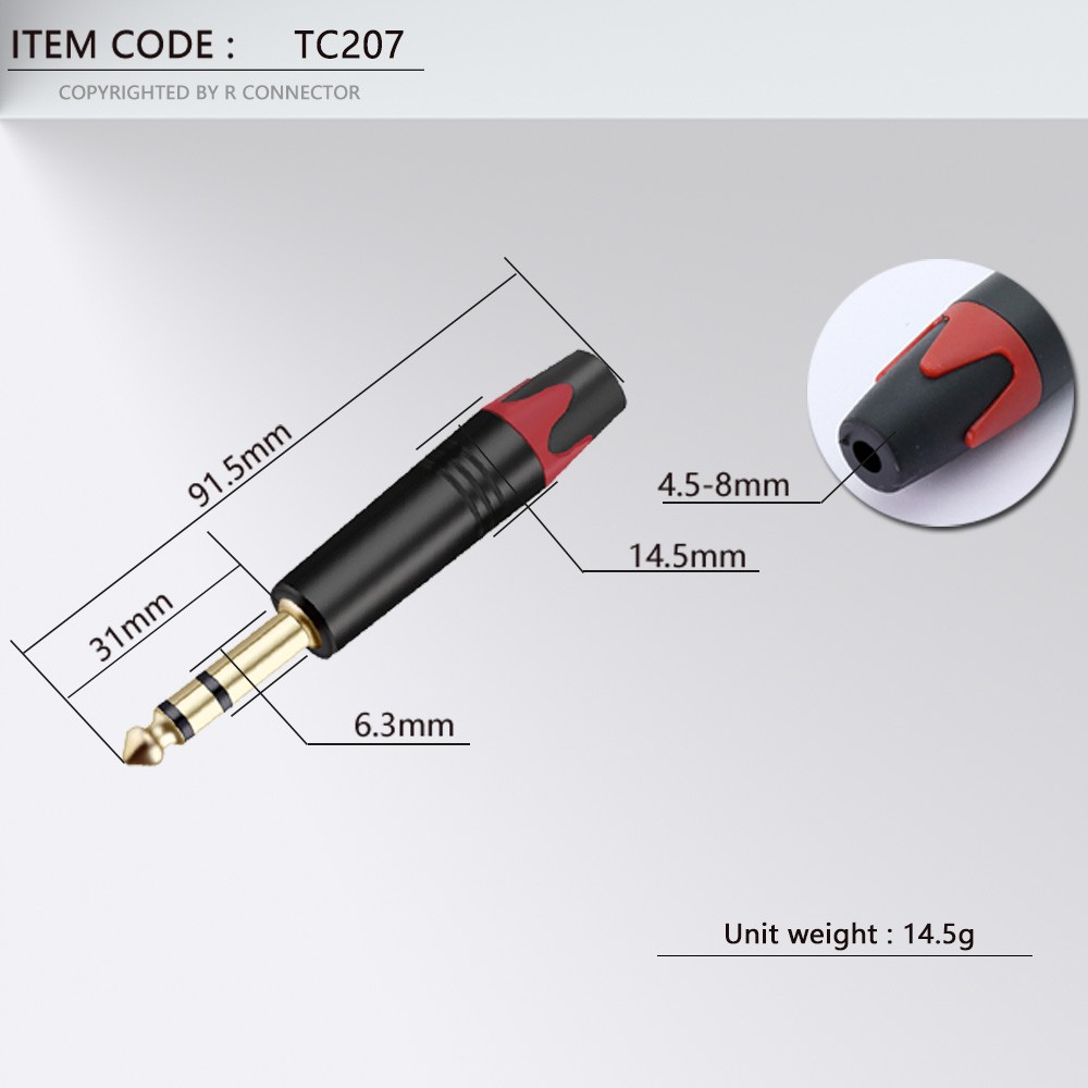 10pcs jack 6.35mm 3polester eo male plug connector tube aluminum copper gold plated 1/4 inch microphone plug audio cable connector