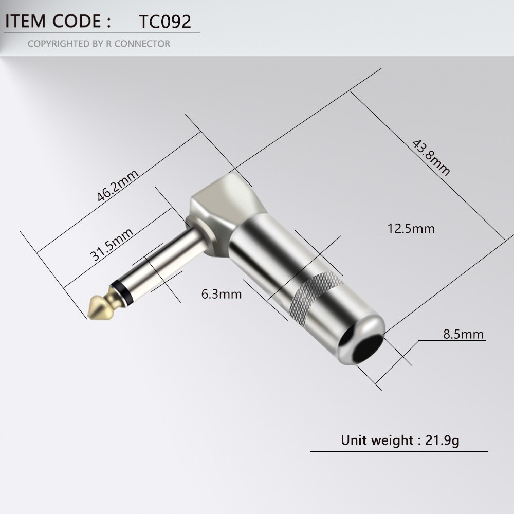 Metal Zinc Alloy 1/4'' Phone Jack Balance Audio Connector Right Angle 6.35mm/6.3/6.5mm Jack 3 Pole Stereo Speaker Plug 10pcs/lot