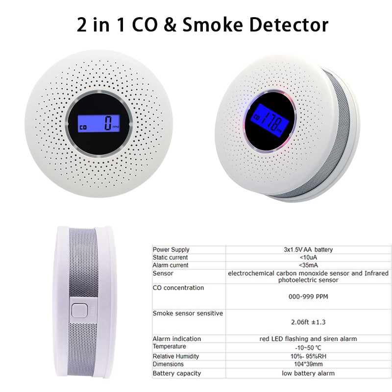 Battery Powered Smoke Carbon Carbon Monoxide Detector Combination Smoking Poster Alarm LED Digital Display Sound Alert Home Security Sensor