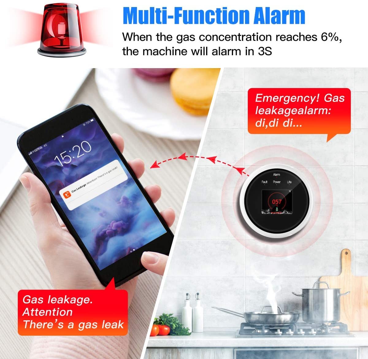 Smart Gas Leak Detector Tuya WiFi Smart Natural Gas Alarm Sensor LED Digital Gas Smoke Alarm Works with Smartlife