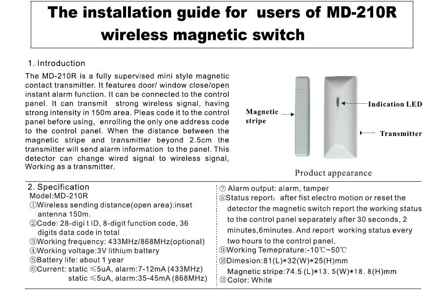 Mian Focus 433Mhz or 868Mhz Frequency MD-210R Magnetic Window Door Sensor Alarm Door Detector With Low Battery Alarm