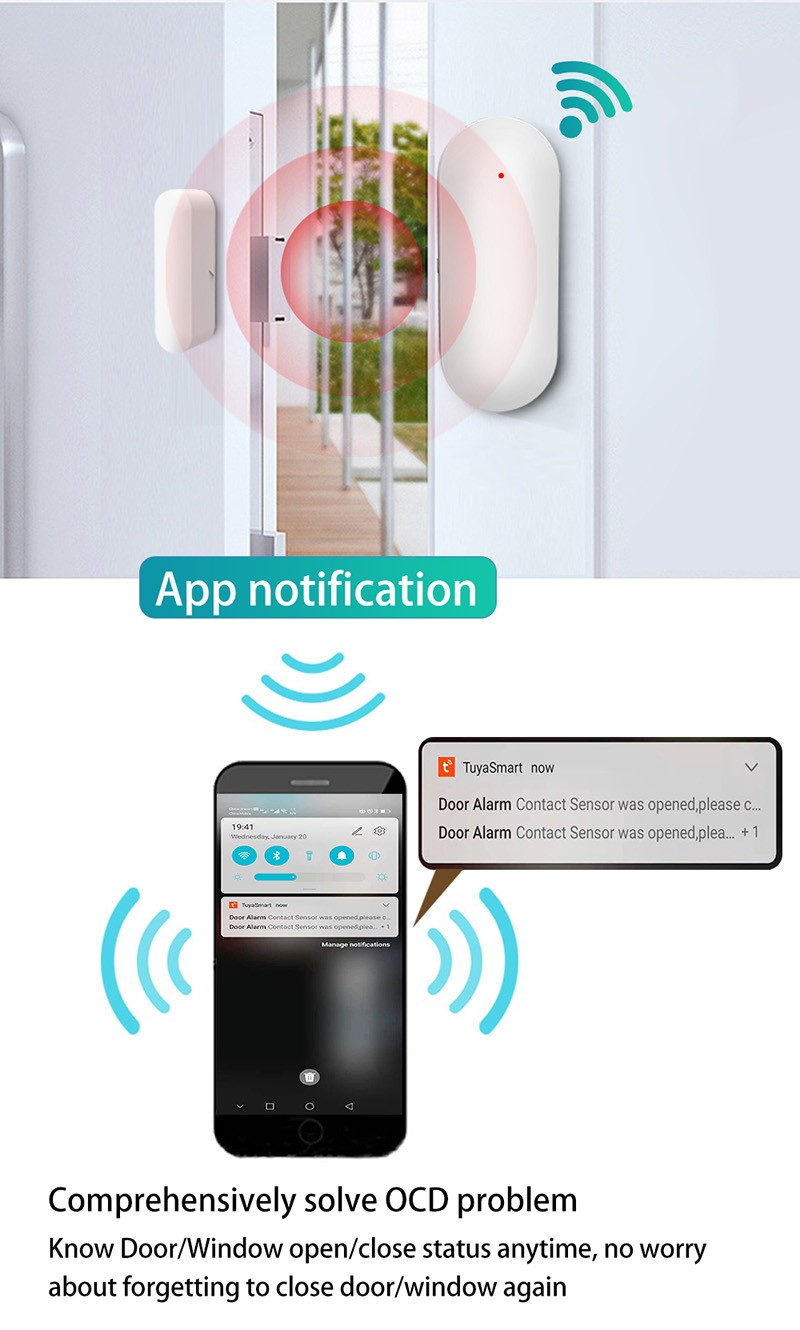 Aubess Tuya Smart WiFi Door Sensor Compatible with Alexa/Google Home/Smart Life APP Door Open/Closed Security Alarm Detector