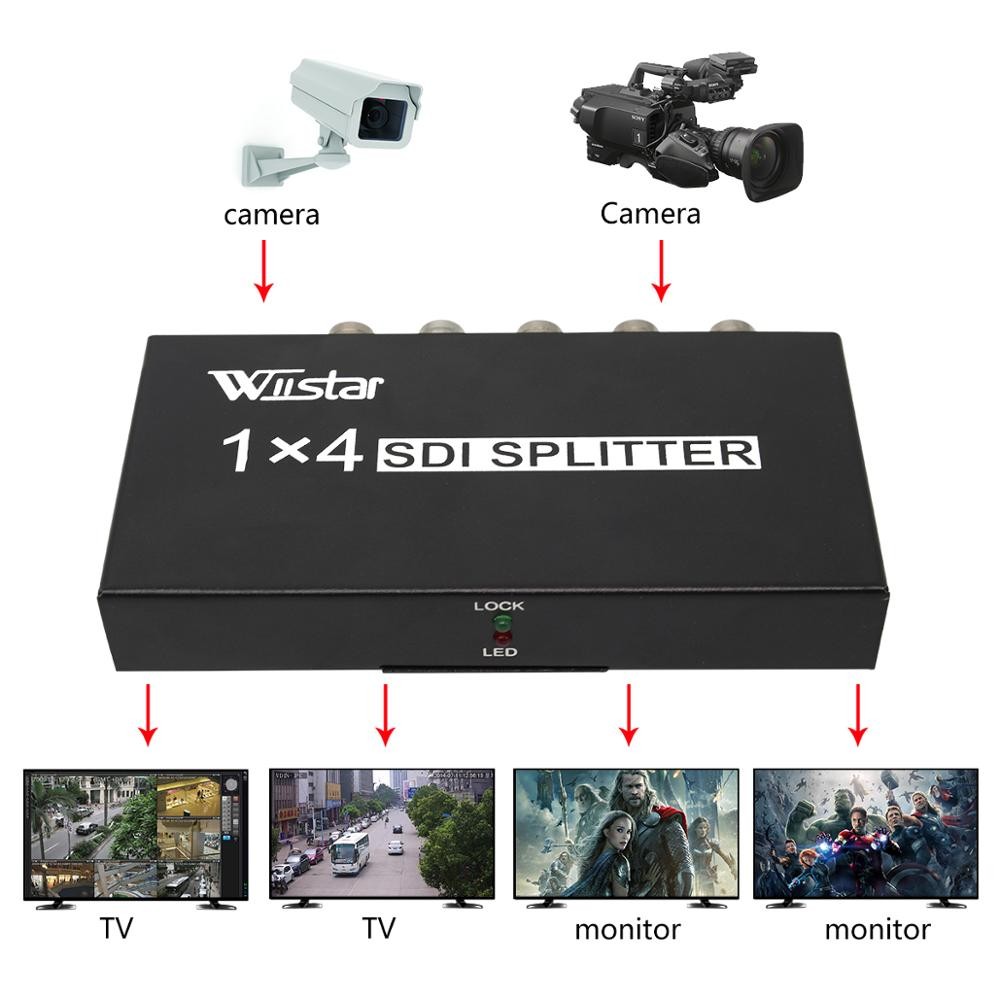 Wiistar SDI Splitter 1 in 4 out SDI Extender Converter 1x4 Support 3G/SD/HD-SDI 1080P for Video Monitor