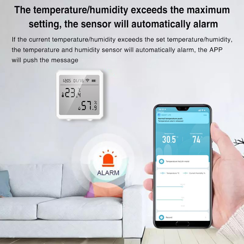 Tuya WiFi Temperature and Humidity Display Sensor Baby Room Temperature and Humidity Monitor Alarm Control Switch for Alexa