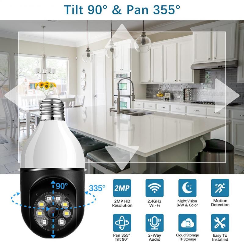 2.4G WiFi E27 Bulb Security Camera Night Vision Full Color Automatic Human Tracking 4X Digital Zoom Video Security Screen