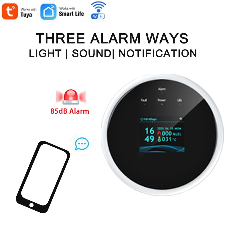 Tuya Smart Poisoning Gas Leak Sensor Fire Warning Alarm Temperature Sensor Thermometer 3-Color LCD Display Focus