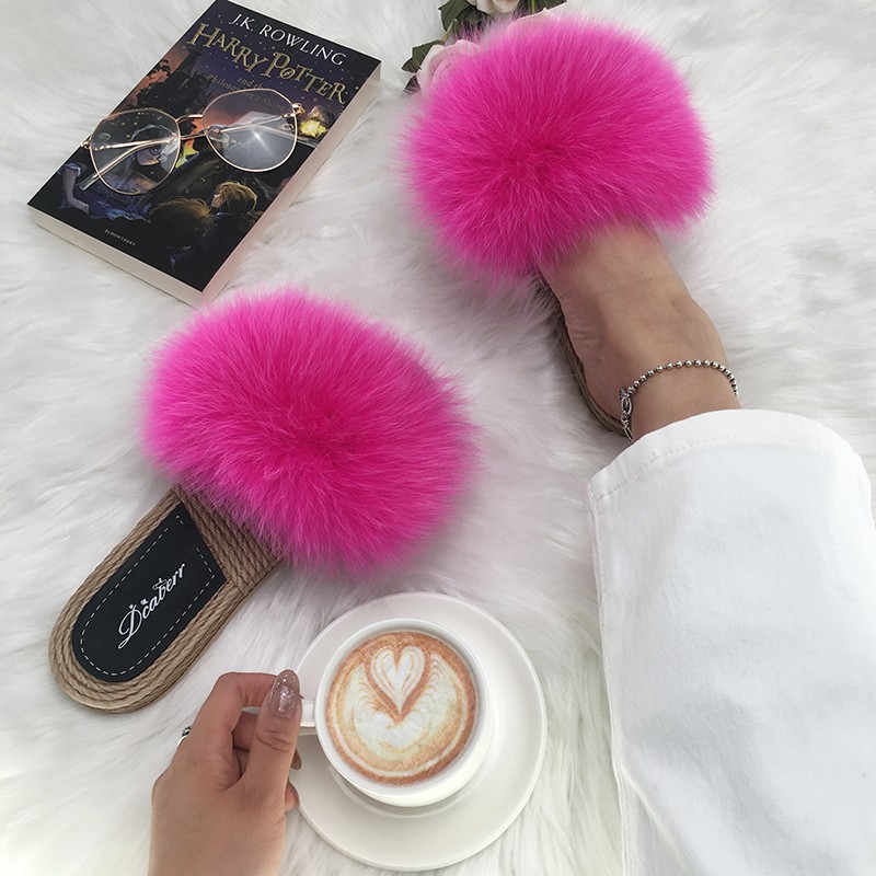 Real Fox Fur Slides Summer Women Faux Espadrilles Slippers Ladies Fluffy Flip Flops Luxury Furry Sandals Shoes 36 37 38 39 40