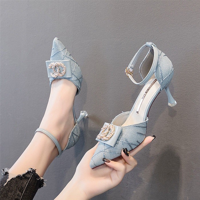 2022 Autumn Spring Women's Pumps New Pointed High Heels Thin Heel Sandals Woman Head Hollow Button Single Shoes