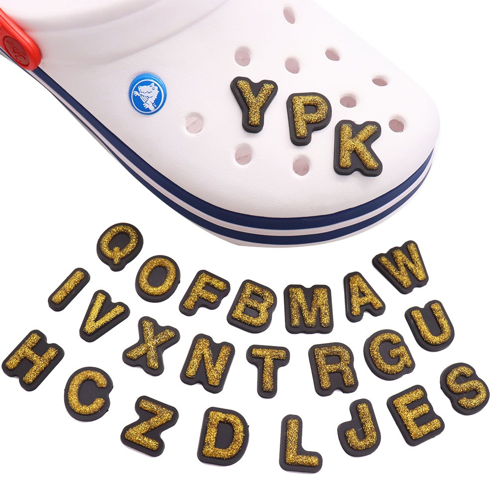 Wholesale 50pcs Gloden Flash Powder Alphabet Letters Shoe Accessories Buckle Garden Shoe Decorations Fit Kids Croc Jibz Ornament