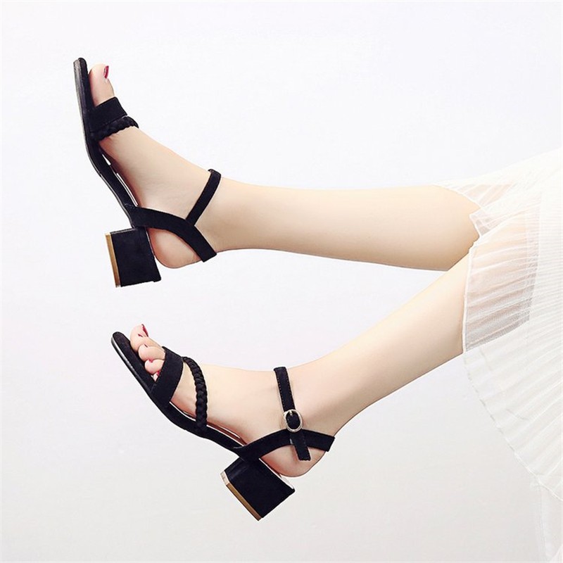 Pofulove Beige Boxes Mid Muffin Women Summer Shoes Female Fashion Open Toe Buckle Casual Sandals Square Heel Women's Shoes 2022