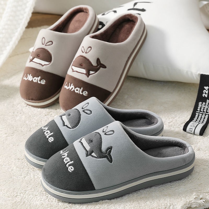 Winter Cotton Slippers Catroon Dolphin Home Indoor Slippers Plush Feleece Non-slip Winter Warm Slippers Comfortable Women Shoes Gray