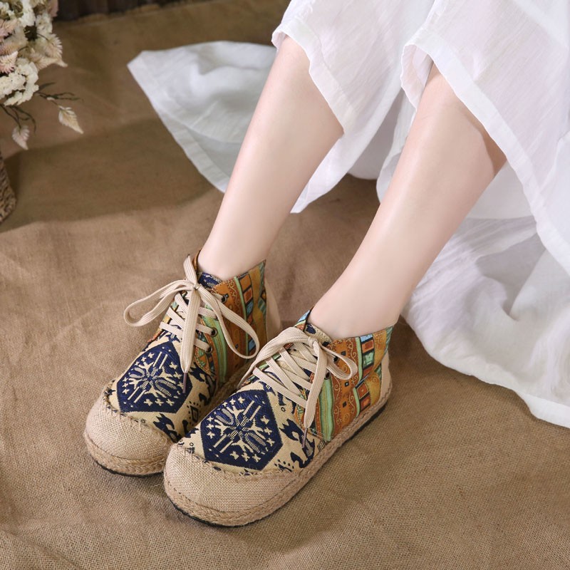 Embroidered Women Shoes Boho Cotton Linen Single Canvas National Woven Round Toe Lace Up Cloth Shoes Woman Flats Size 35-40