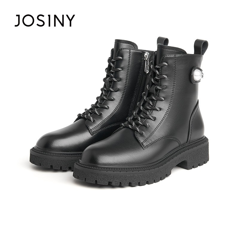 JOSINY platform ankle boots for women warm boots martin pu leather botas zipper ladies shoes pearl decoration