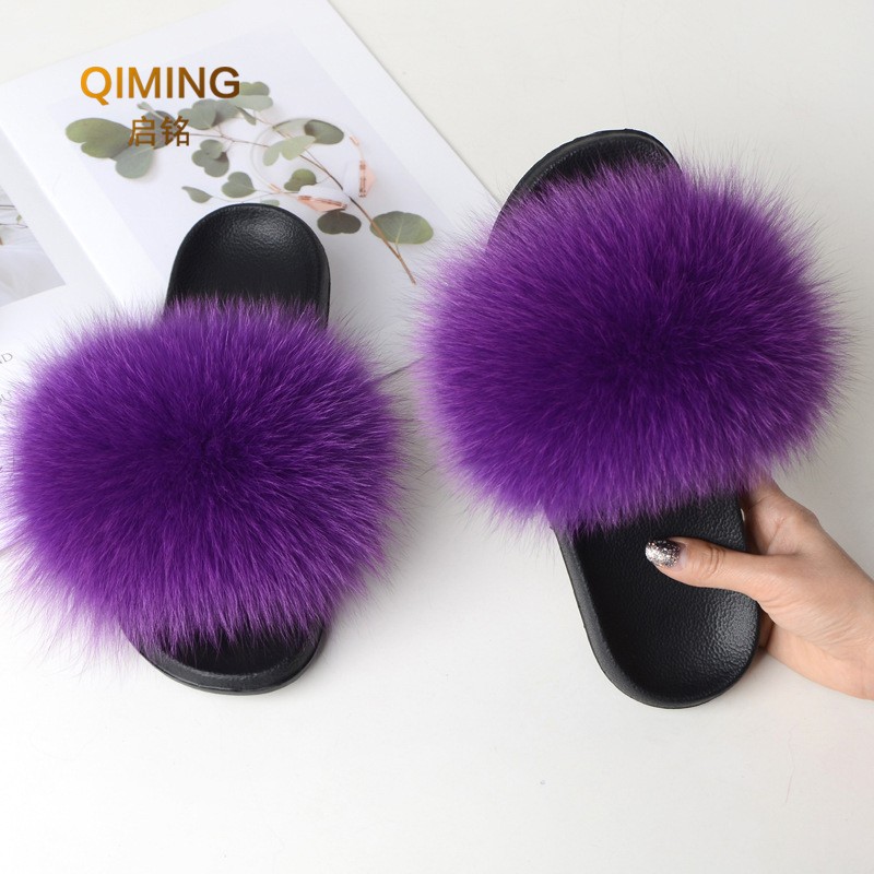 Summer fox fur slippers flat non-slip solid plush home shoes