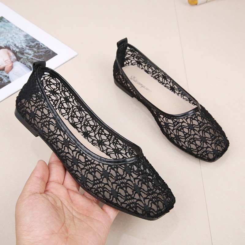 Women Transparent Lace Soft Flats Ladies Square Toe Sexy Black Boat Shoes Summer Breathable Beige Non-slip Flat Shoes 35-40